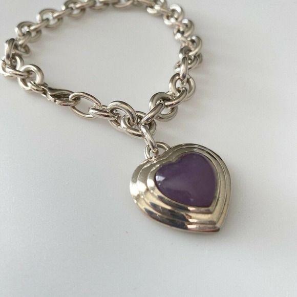 Vintage 925 Sterling Silver Purple Jade Heart Charm Rolo Link Bracelet 7.75" - Picture 2 of 5